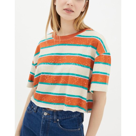 BDG Urban Outfitters Twin Flame Cropped Tee Top Striped Printed Cotton XS 258630 - Picture 1 of 8